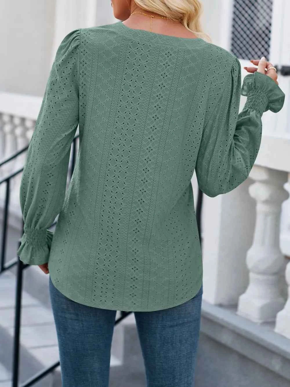 Lovelet Eyelet Notched Flounce Sleeve Blouse 6aee11ee-4a1d-48a2-a319-f4f1d09c6dbc-Max