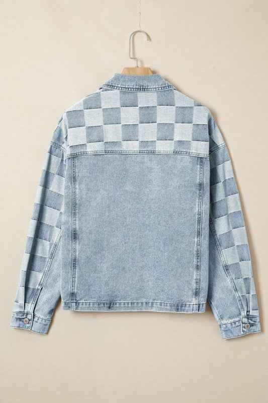 Checker Patchwork Denim Buttoned Jacket 6afa2102-8a61-4ac5-9931-cc2ad8eb151a