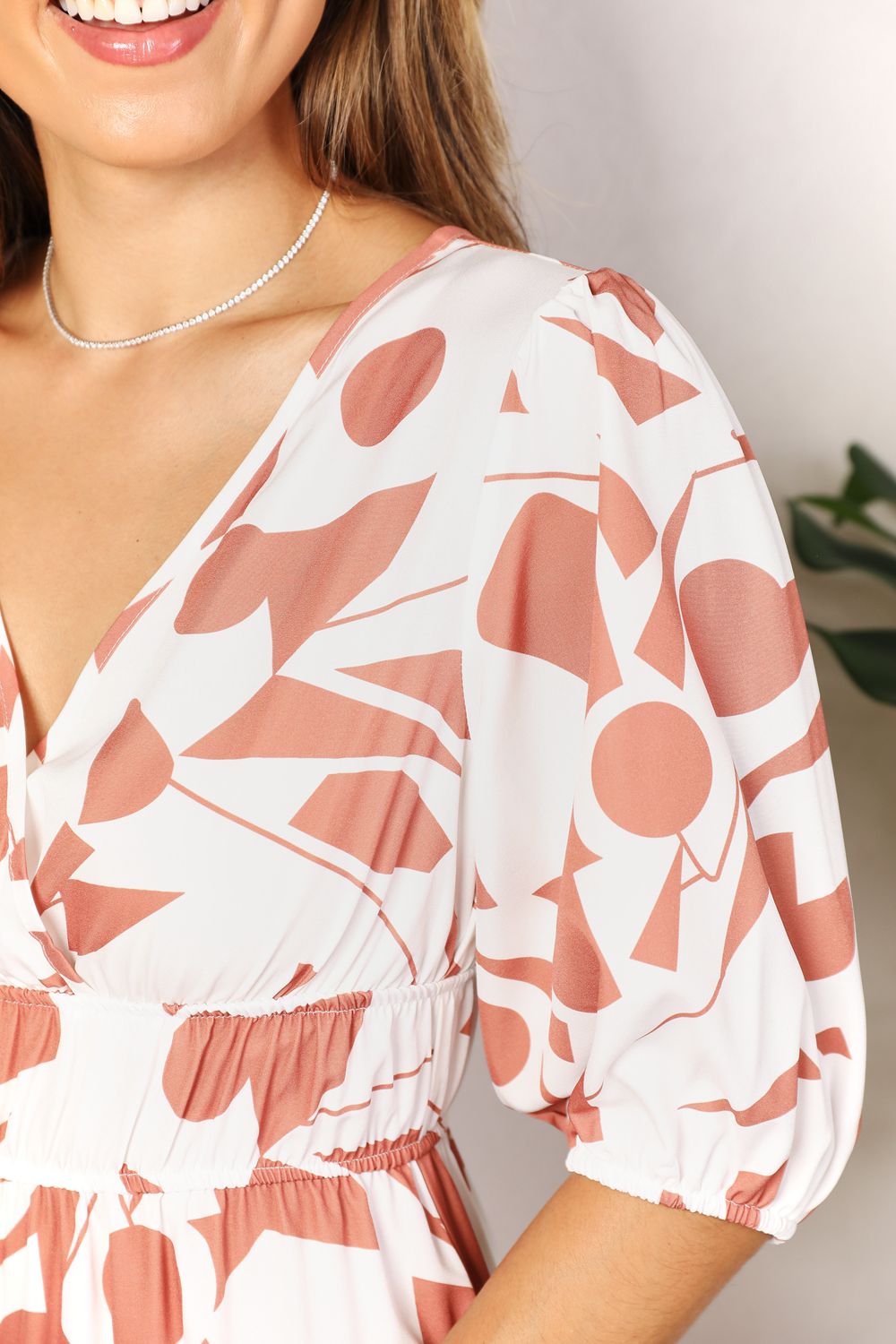 Printed Surplice Balloon Sleeve Dress 6afc02b38df5479fbc9f133250368b5c-Max