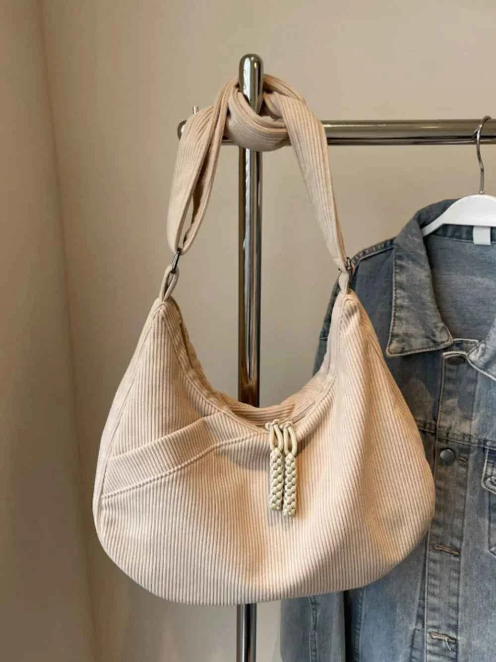 Ribbed Adjustable Strap Shoulder Bag Beige One Size 6afcaa29-15f5-4101-9847-497d3acfec41-Max
