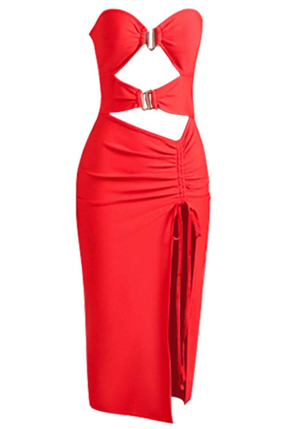 Cutout Strapless Drawstring Detail Split Bandage Dress 6afdc26d7f254b42b024c821d94e0627-Max