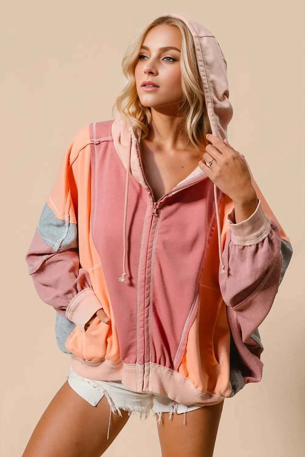 Double Take Full Size Color Block Zip Up Hoodie Burnt Coral 6afeea38-e7ee-4638-86ad-893ac8cc4d3a-Max