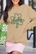 Khaki lucky Clover Embroidered Graphic Casual Pullover Sweatshirt Khaki 50%Polyester+50%Cotton 6aff201f46da9755