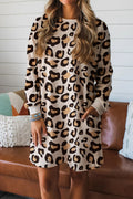 Khaki Leopard Long Sleeve Shift T Shirt Dress with Pockets Khaki 95%Polyester+5%Elastane 6b0fb4185a2245cf
