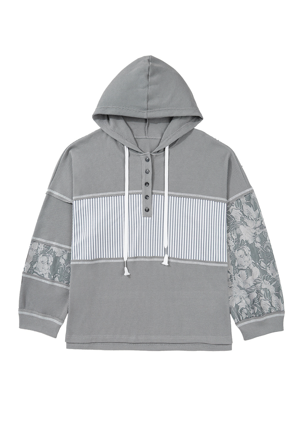 Gray Mixed Waffle Knit Patchwork Henley Plus Size Hoodie 6b11671b143b121e
