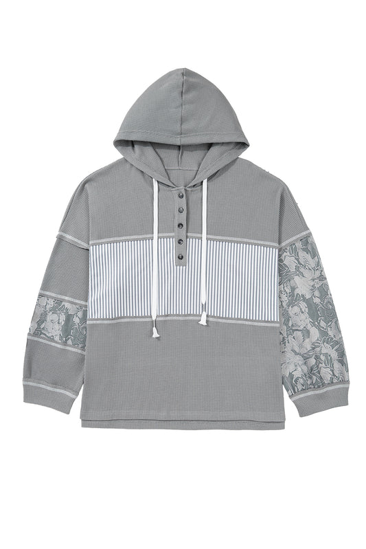 Gray Mixed Waffle Knit Patchwork Henley Plus Size Hoodie 6b11671b143b121e