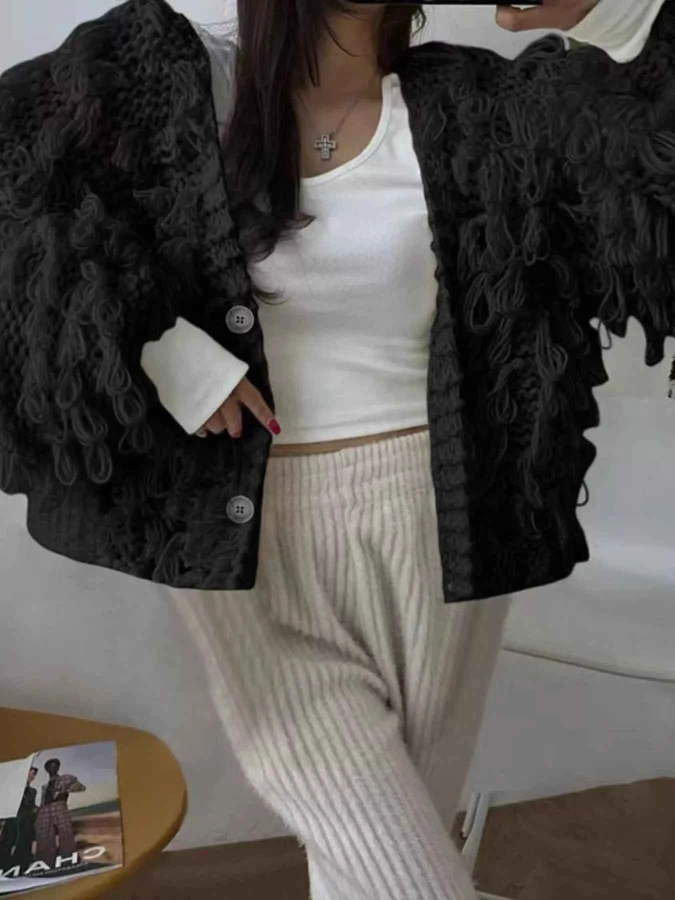 Fringe Button Up Cardigan Black 6b155a0e-db97-4bbb-aac6-728623e83718-Max-Origin