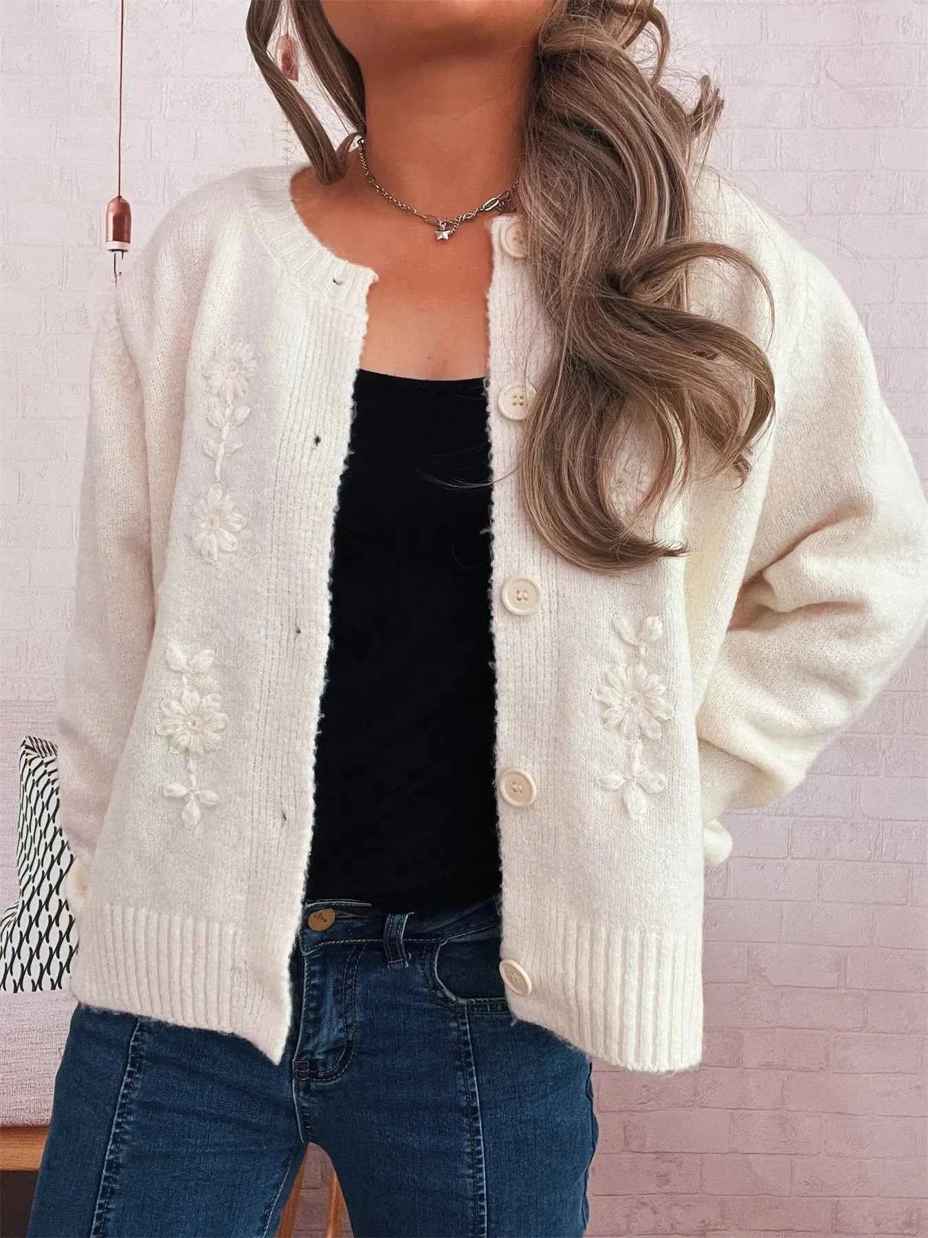 Flower Button Up Ribbed Hem Cardigan 6b17014e66e84989add261a85a42bf5d-Max-Origin