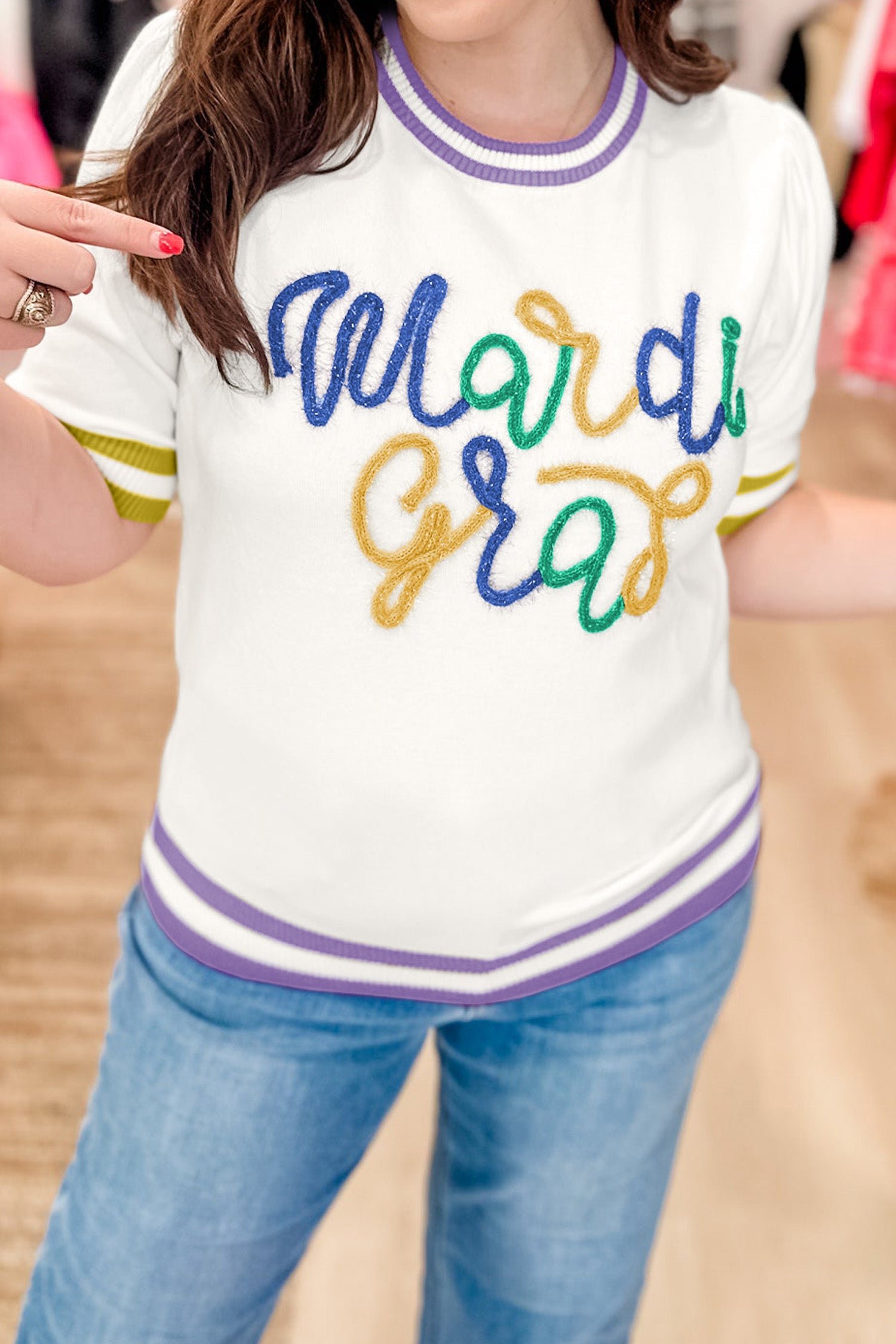 White Mardi Gras Tinsel Letter Graphic Short Sleeve Sweater 6b1ca3ef4b62bf45