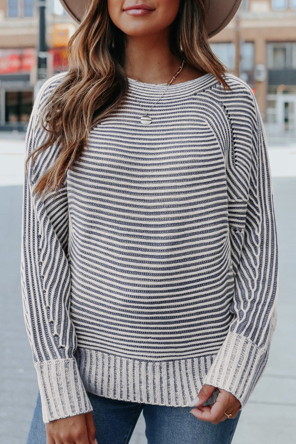 Black Striped Print Ribbed Knit Raglan Sleeve Baggy Sweater 6b1eb95261b9c9a8