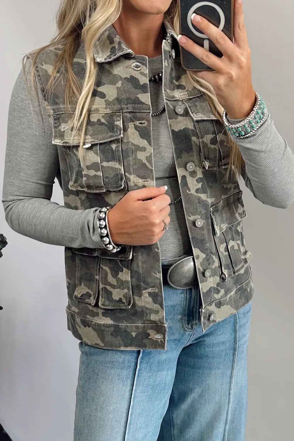 Green Camouflage Print Button Cargo Pocket Button Down Denim Vest Green 60%Cotton+40%Polyester 6b1fa5972cefdc83