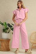 Pink Textured Ruffle Sleeve Zipped Top and Wide Leg Pants Set Pink 95%Polyester+5%Elastane 6b229a70d3a8feb5