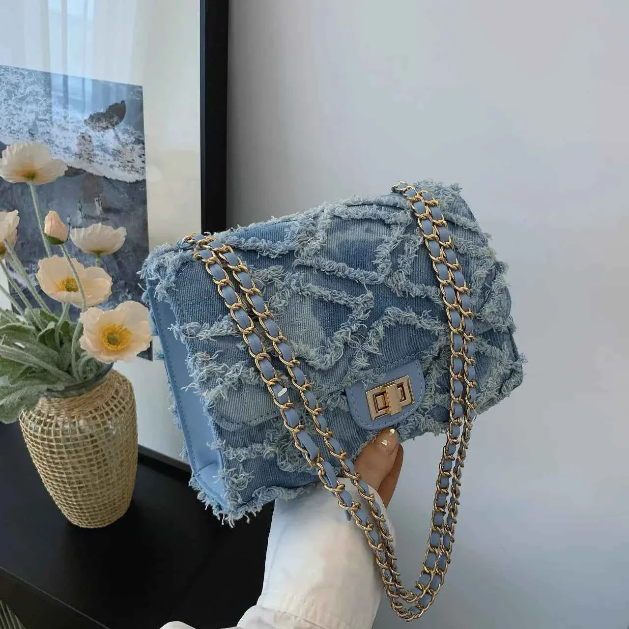 Frayed Edges Chain Crossbody Bag Blue onesize 6b25ded6e0c14b878e7d96b4af157c66-Max-Origin
