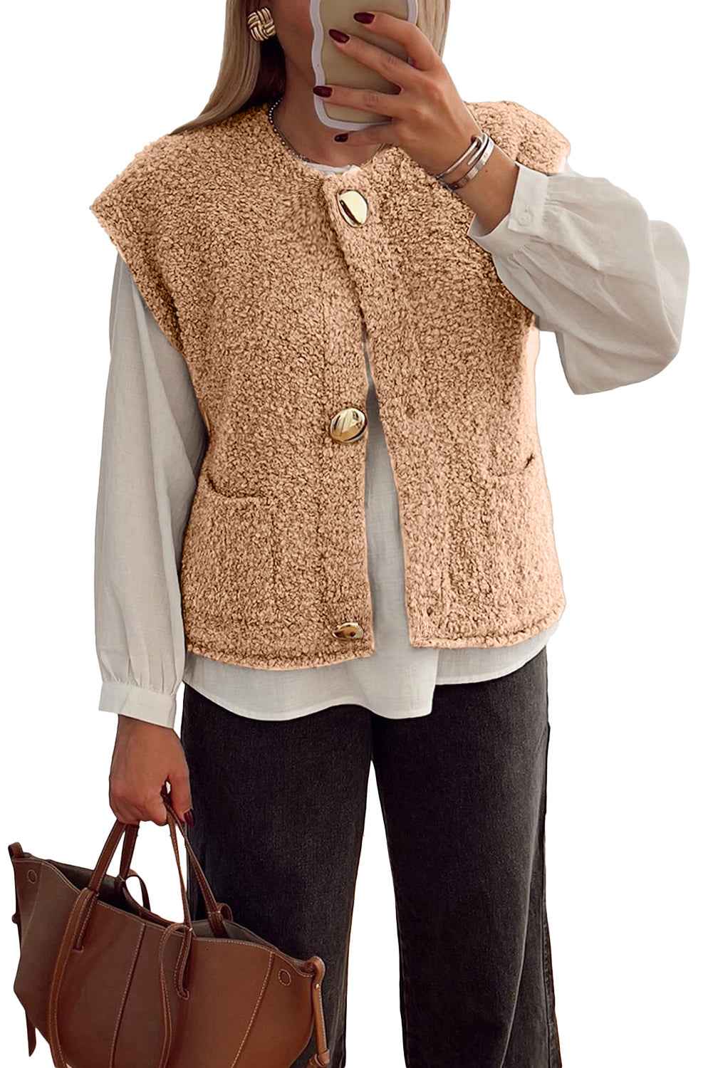 Light French Beige Big Button Accent Fuzzy Pocket Vest 6b2b3df9c2f20205