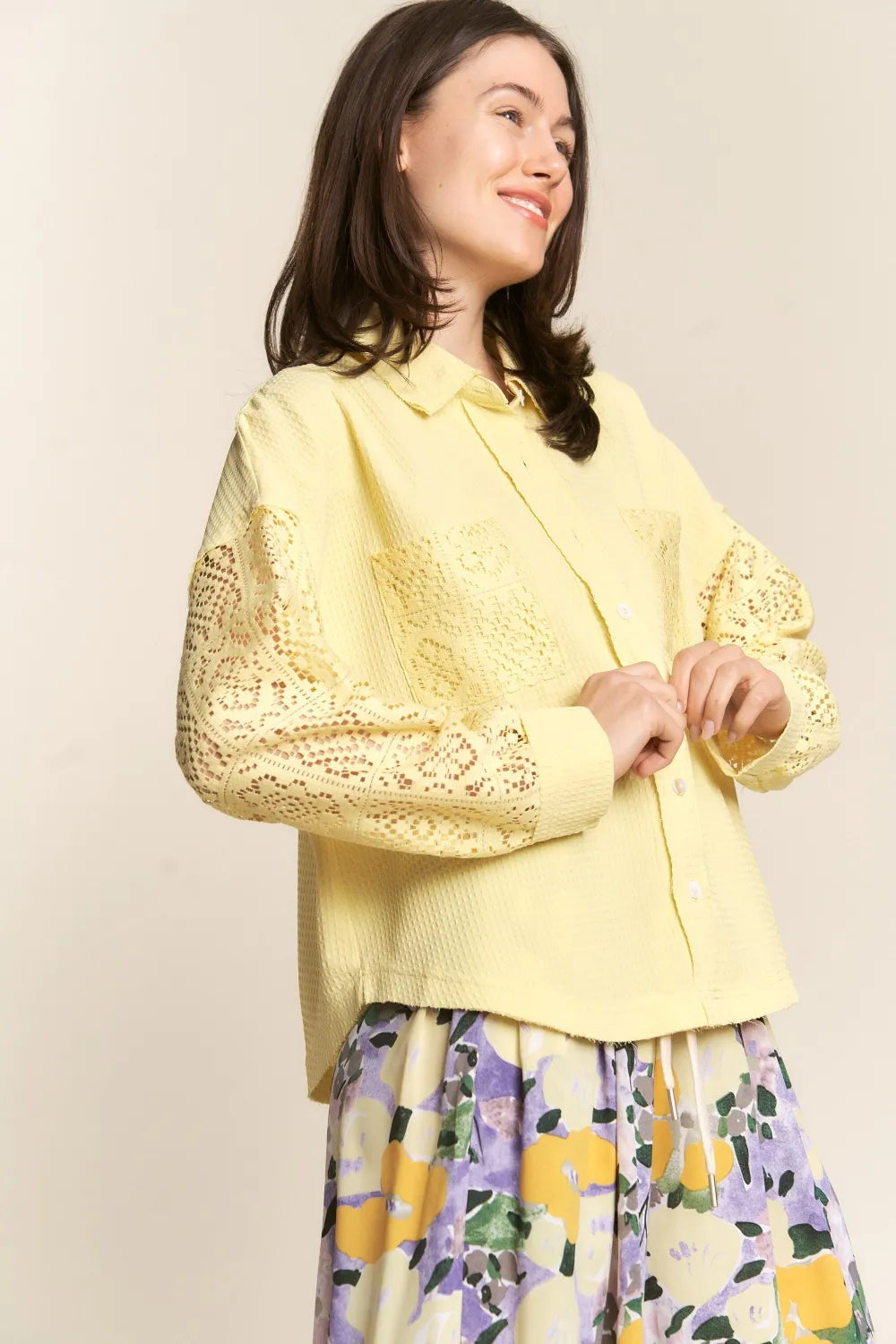 J.NNA Button Down Lace Long Sleeve Waffle Shirt 6b32b39c-da69-49e3-9b42-0bf2ce2fa401-Max