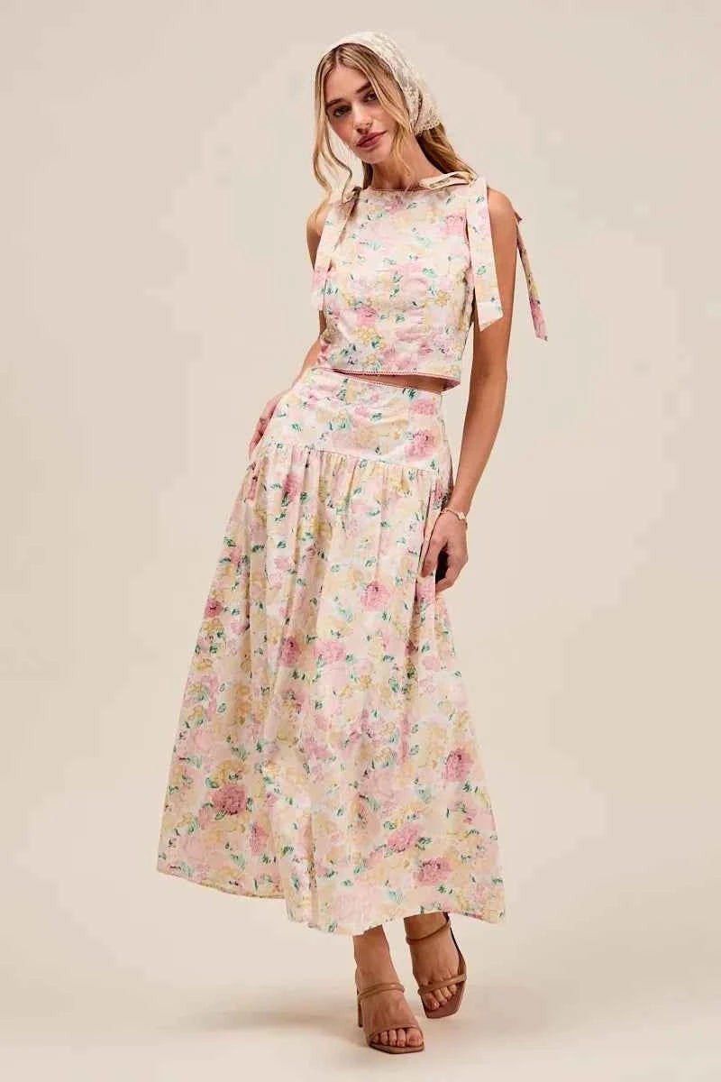 SO ME Floral Printed Woven Shoulder Bow Tie Top and Skirt Set 6b342080db714d369049bbd17b0530b3-Max-Origin
