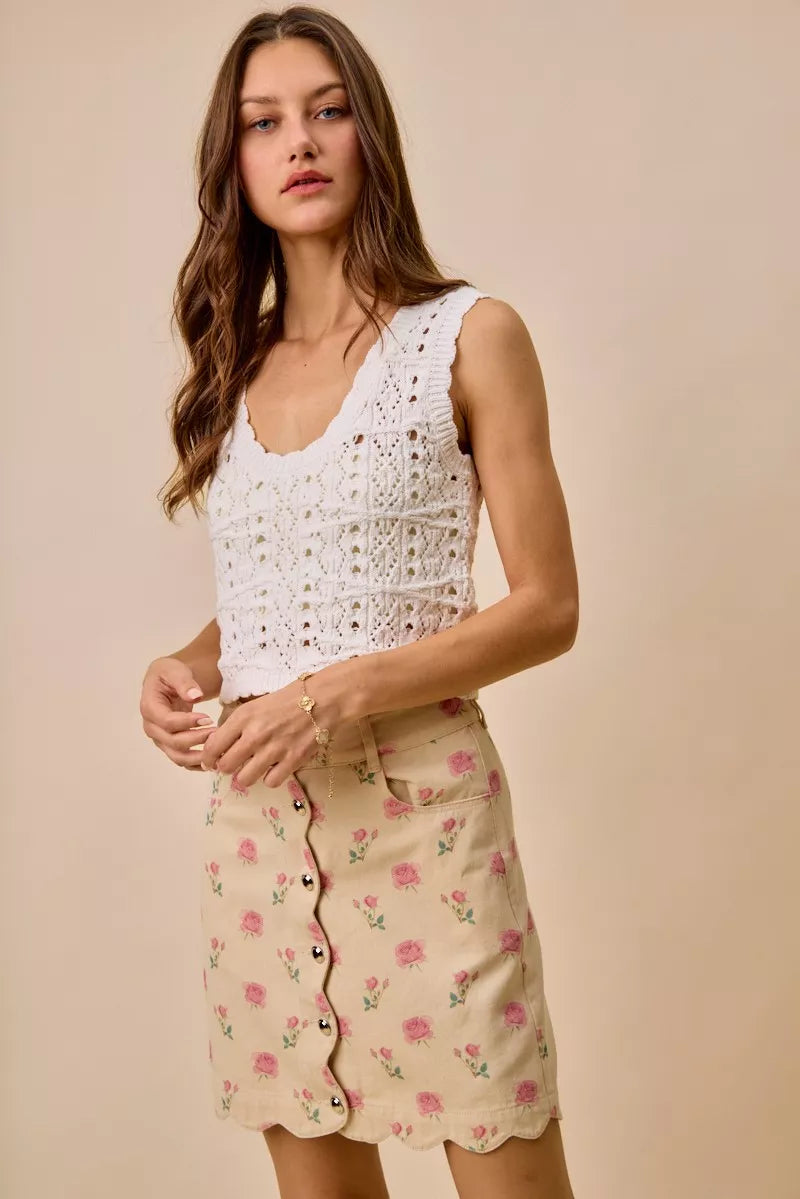 SO ME Floral Rose Print Cotton Twill Scallop Mini Skirt 6b3766130cf640868ced05bad6108169-Max-Origin