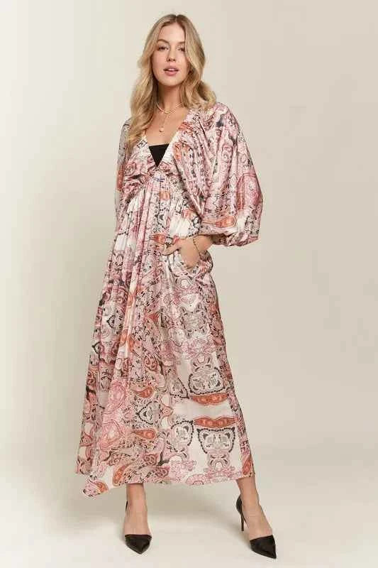 ADORA Printed V-Neck Batwing Sleeve Dress 6b39a7a0-1b95-4567-b3f7-3d2e72d9ce06-Max