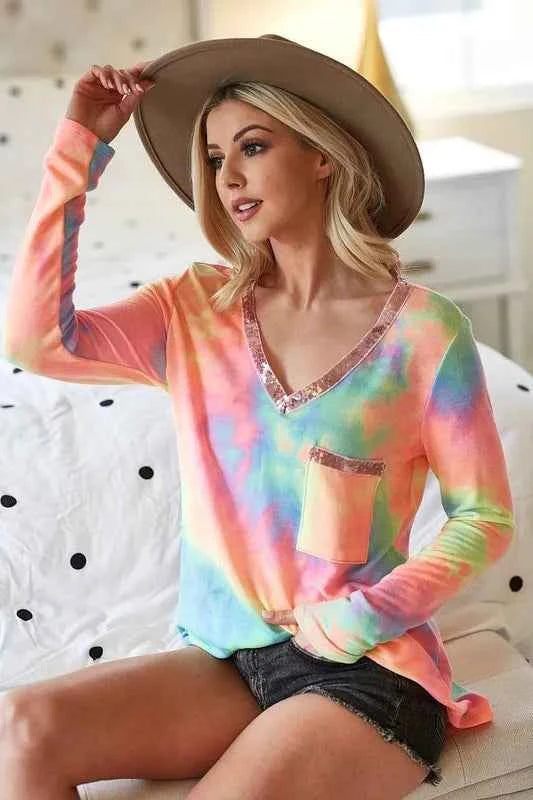 BiBi Tie Dye V-neck Terry Knit Top With Sequins 6b3b859fade94b4190ae59de29dca3dd-Max-Origin