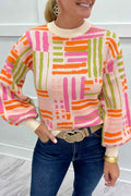 Rose Love Lines Pattern Crew Neck Puff Sleeve Sweater Rose 52%Viscose+26%Polyester+22%Polyamide 6b3bcb0ce7b5472a