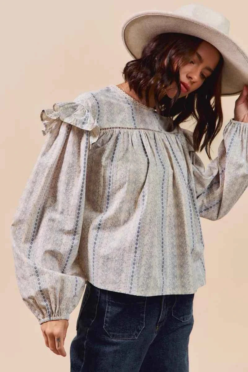 SO ME Floral Cotton Print Ruffled Long Sleeve Blouse 6b3d28acb1114ade91df461bef839c36-Max-Origin