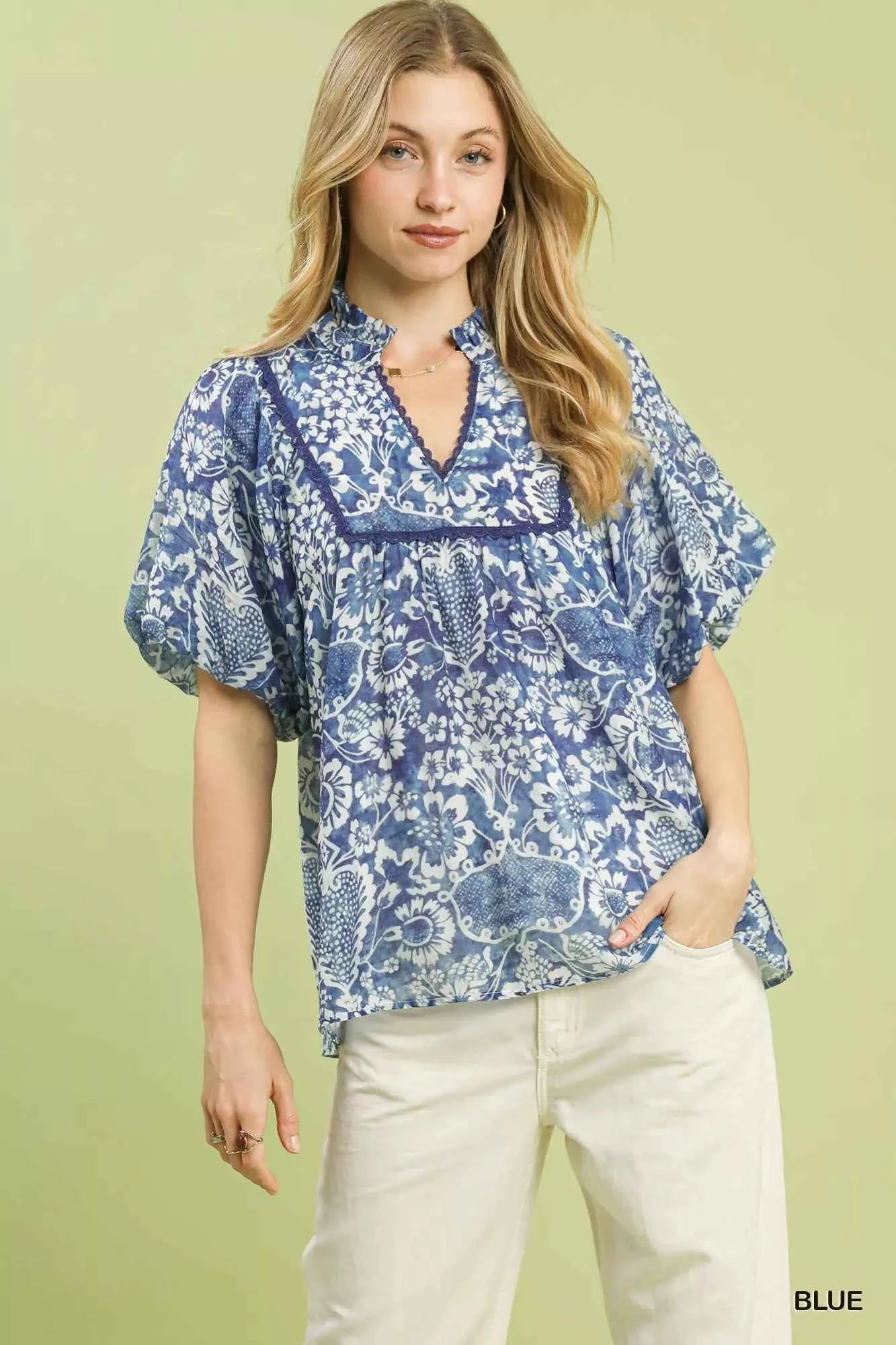 Umgee Abstract Print Ruffled Puff Sleeve Top BLUE 6b3f5cf6-5ccc-47df-9d80-f3127695d1fd-Max-Origin