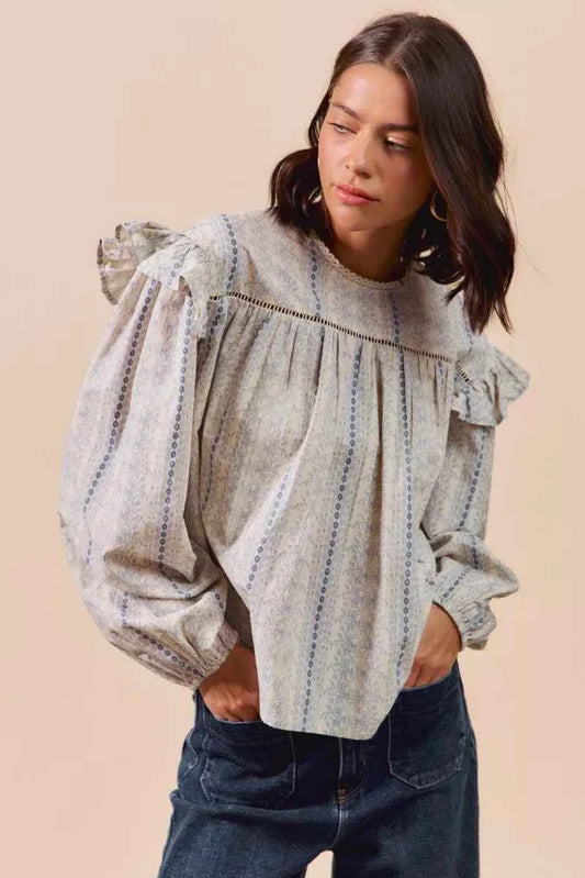 Floral Cotton Print Ruffled Long Sleeve Blouse 6b40158e48344e71b7bb01282421cc27-Max-Origin
