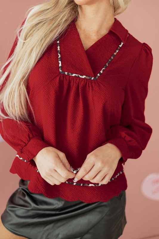 Alma Contrasted Trim Textured Blouse 6b410f0d-1cf8-4f56-ad44-238ddbd1bf3f