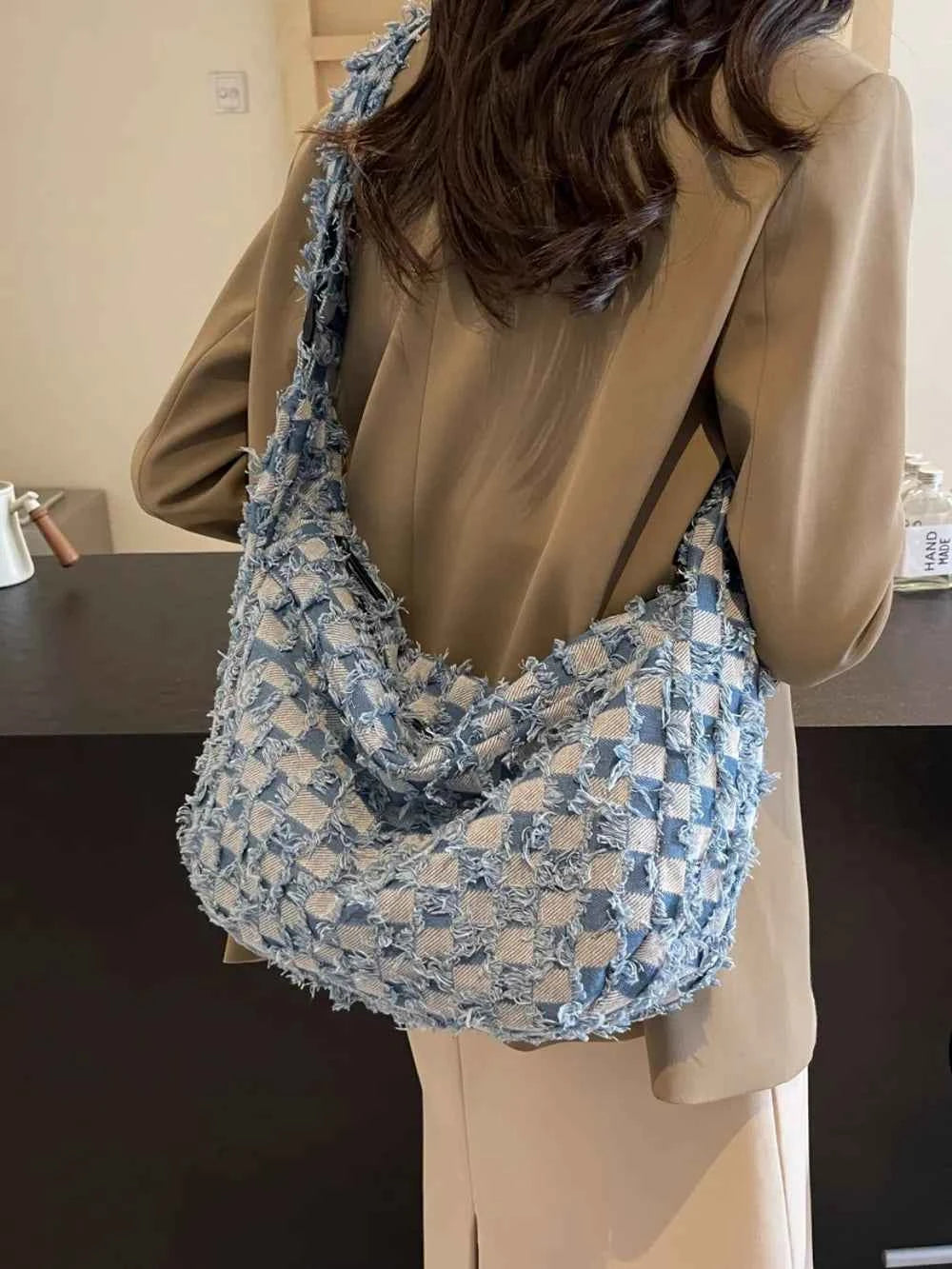 Checkered Raw Edge Denim Shoulder Bag Light Blue One Size 6b414489-619a-4ba2-a681-1c99c568d0f7-Max