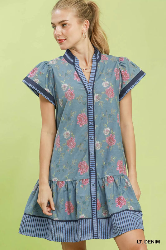 Floral Contrast Trim Ruffle Hem Mini Dress LT. DENIM 6b44b1c3-f7f2-45f8-8b2c-27c02e8d04e2-Max-Origin