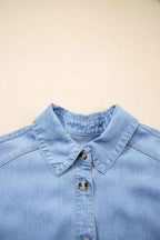 Denim Chambray Ruffle 3/4 Sleeve Buttoned Shirt 6b4635da-470e-42f9-b16c-8f2d6a33bd2f