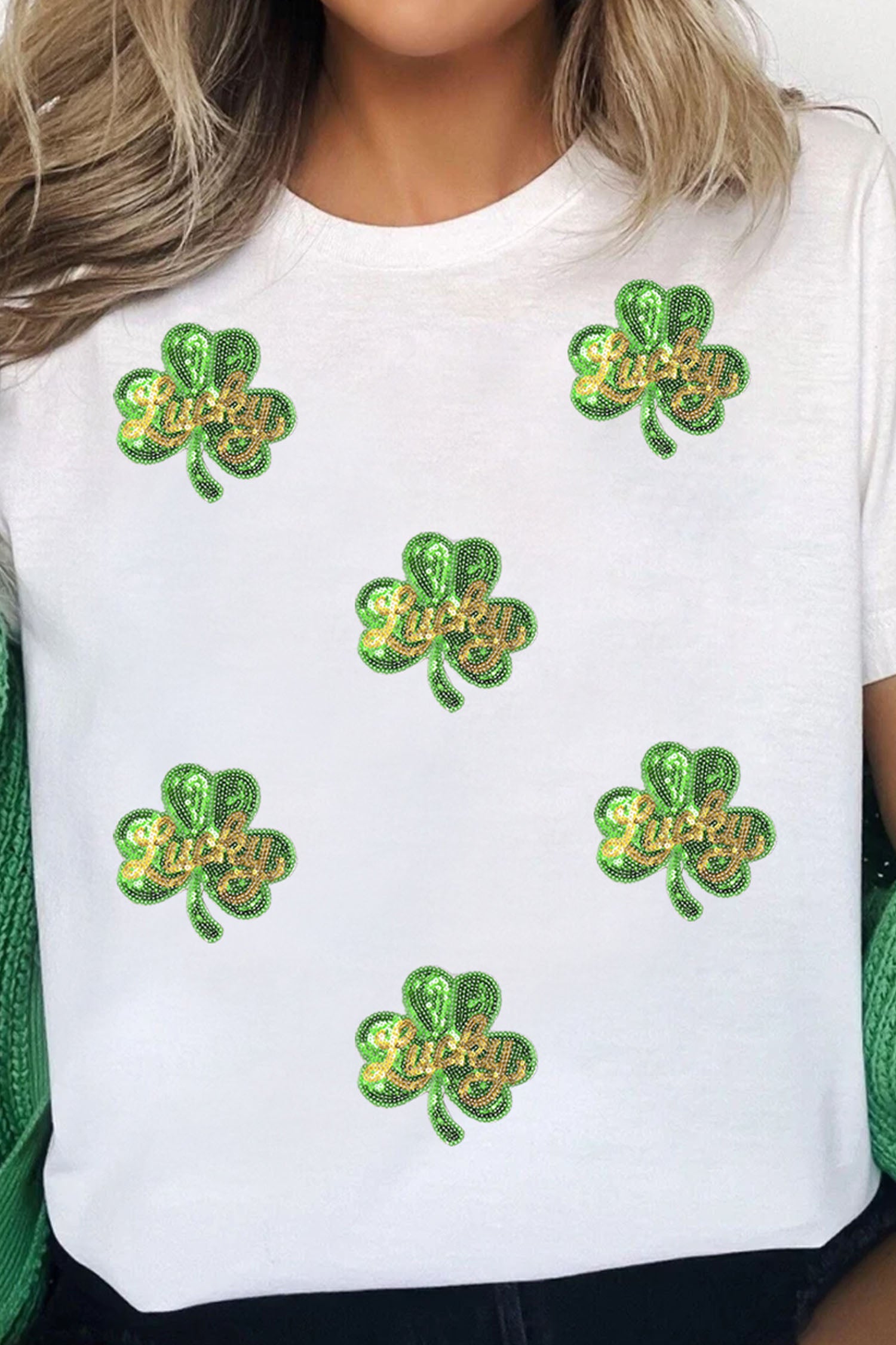 White Sequin Lucky Clover Patched Casual Round Neck Tee 6b4aa536d385c1b4