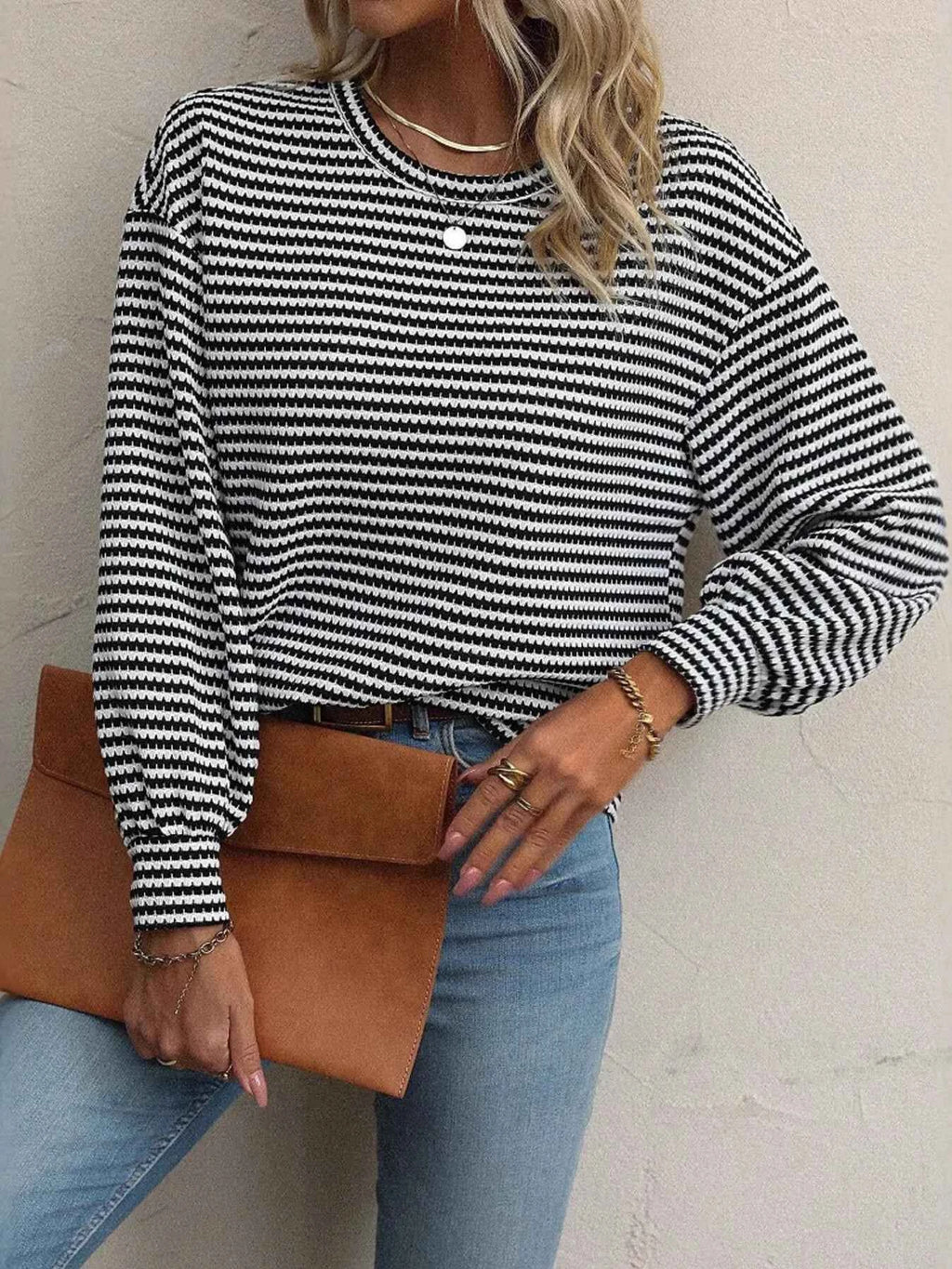 Striped Round Neck Lantern Sleeve Top 6b4b2190c8ca4b7bb8a4a6fe56c7ed52-Max-Origin