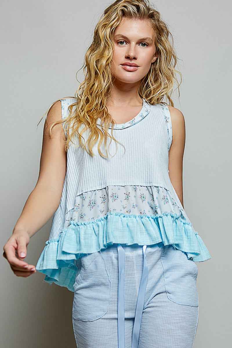 POL Floral Print Patche Round Neck Ribbed Tank with Double Gauze Ruffle Accents POWDER BLUE 6b4c53d1-024e-4a8d-9307-f7dcf078efb2-Max