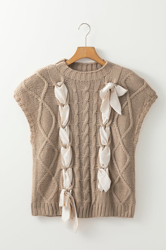 Simply Taupe Satin Bowknot Cable Knit Top 6b4f17fc75ea2733
