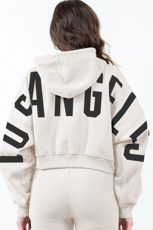 American Bazi Letter Graphic Long Sleeve Drawstring Cropped Hoodie Beige 6b509972-f89c-4d11-be11-7b9a212cb59e-Max