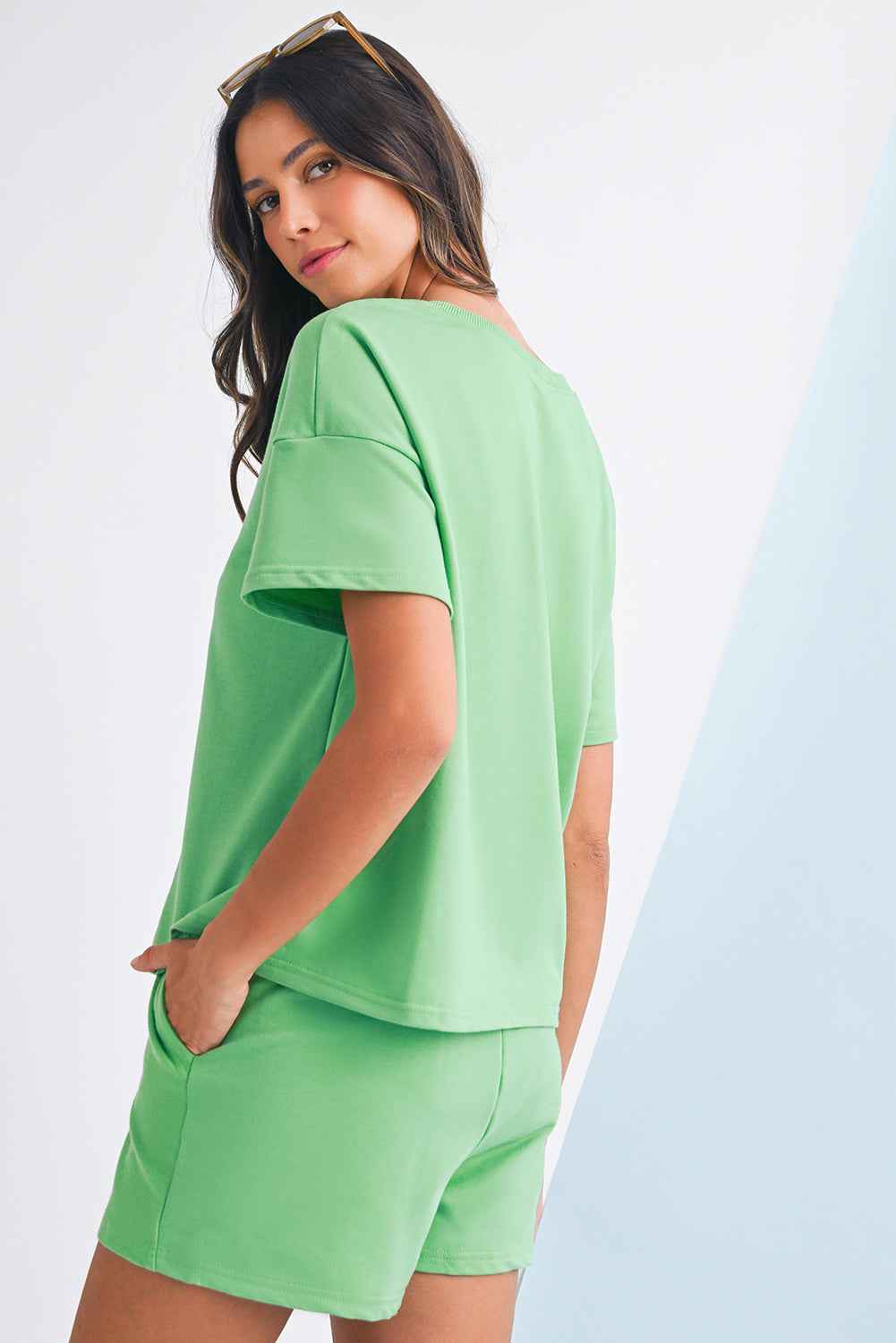 Mint Green V Neck Drop Shoulder Tee and Patchwork Shorts Set 6b558d5b167d6635