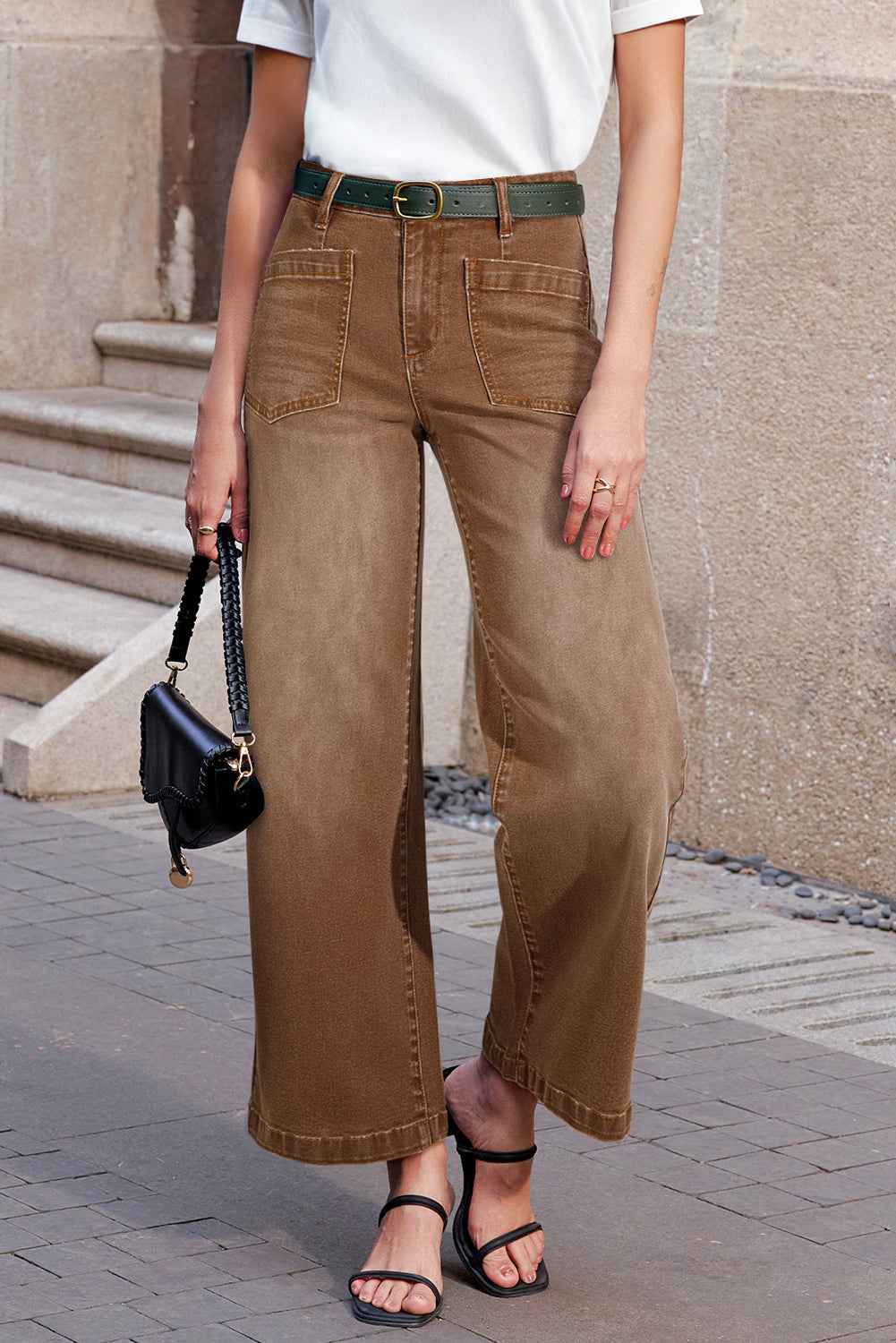 Brown Minimalist Patch Pocket High Waist Shift Jeans 6b6255331a3db25d