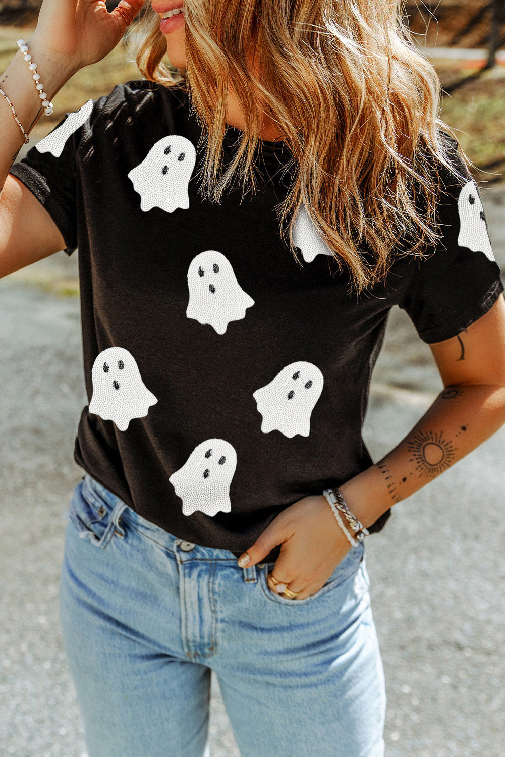 Sachet Pink Halloween Ghost Sequins Patch Casual T Shirt 6b6eea59345ed13d