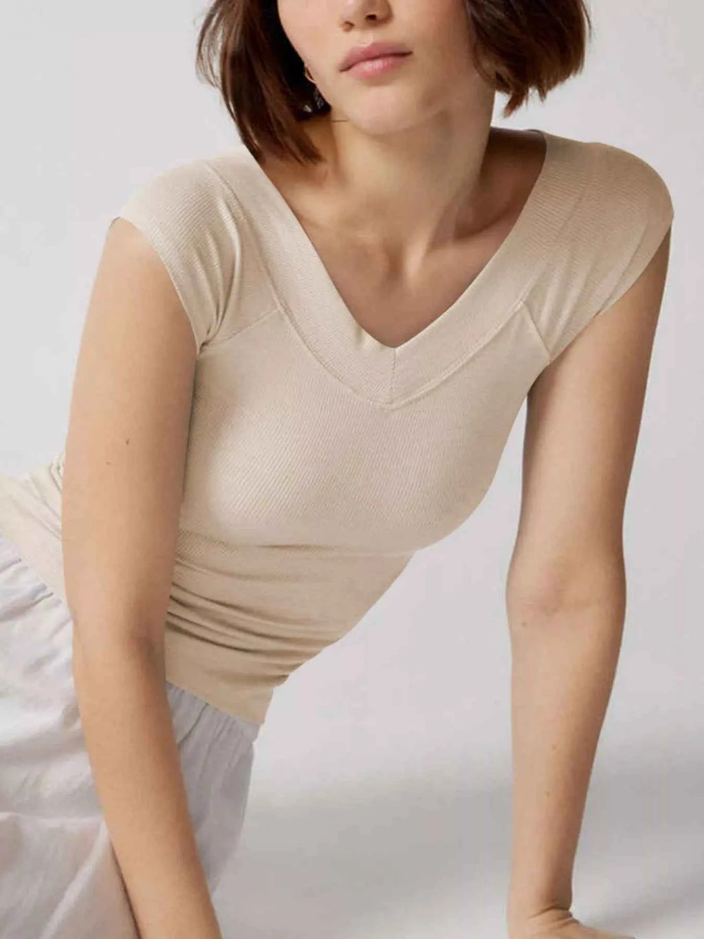 Ribbed V-Neck Cap Sleeve Fitted T-Shirt 6b70b247-02ca-41aa-9911-cadca39891d8-Max-Origin