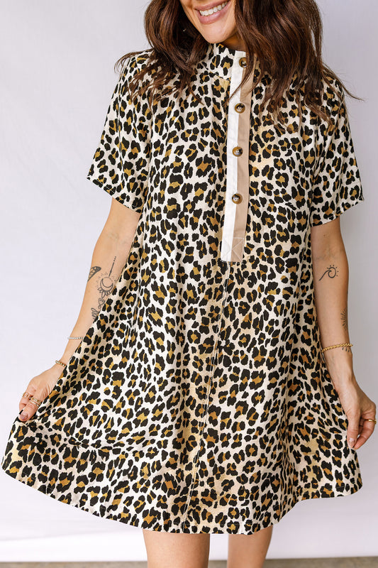 Multicolour Half Buttons Short Sleeve Loose Leopard Mini Dress with Pockets Multicolour 91%Viscose+9%Polyamide 6b7a3f085b98e3f5