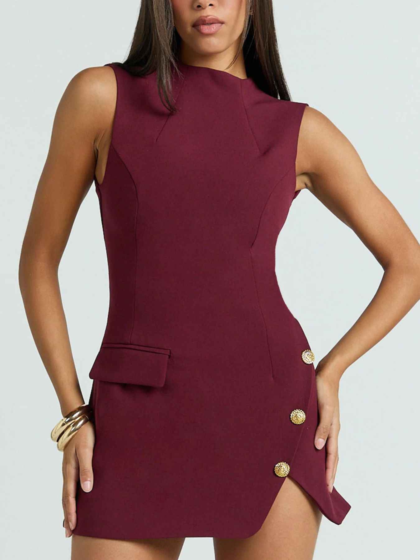 Mock Neck Sleeveless Mini Dress Burgundy 6b7cc375-88b1-49c3-bb0a-13599d821cbc-Max