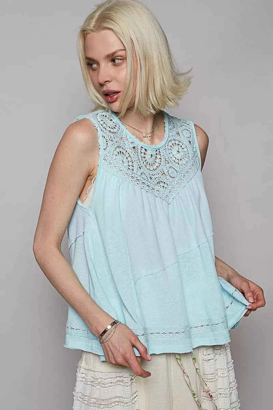 Round Neck Sleeveless Top with Crochet Contrast 6b7ed53c-7320-499b-8b41-ab98b63c2800-Max-Origin