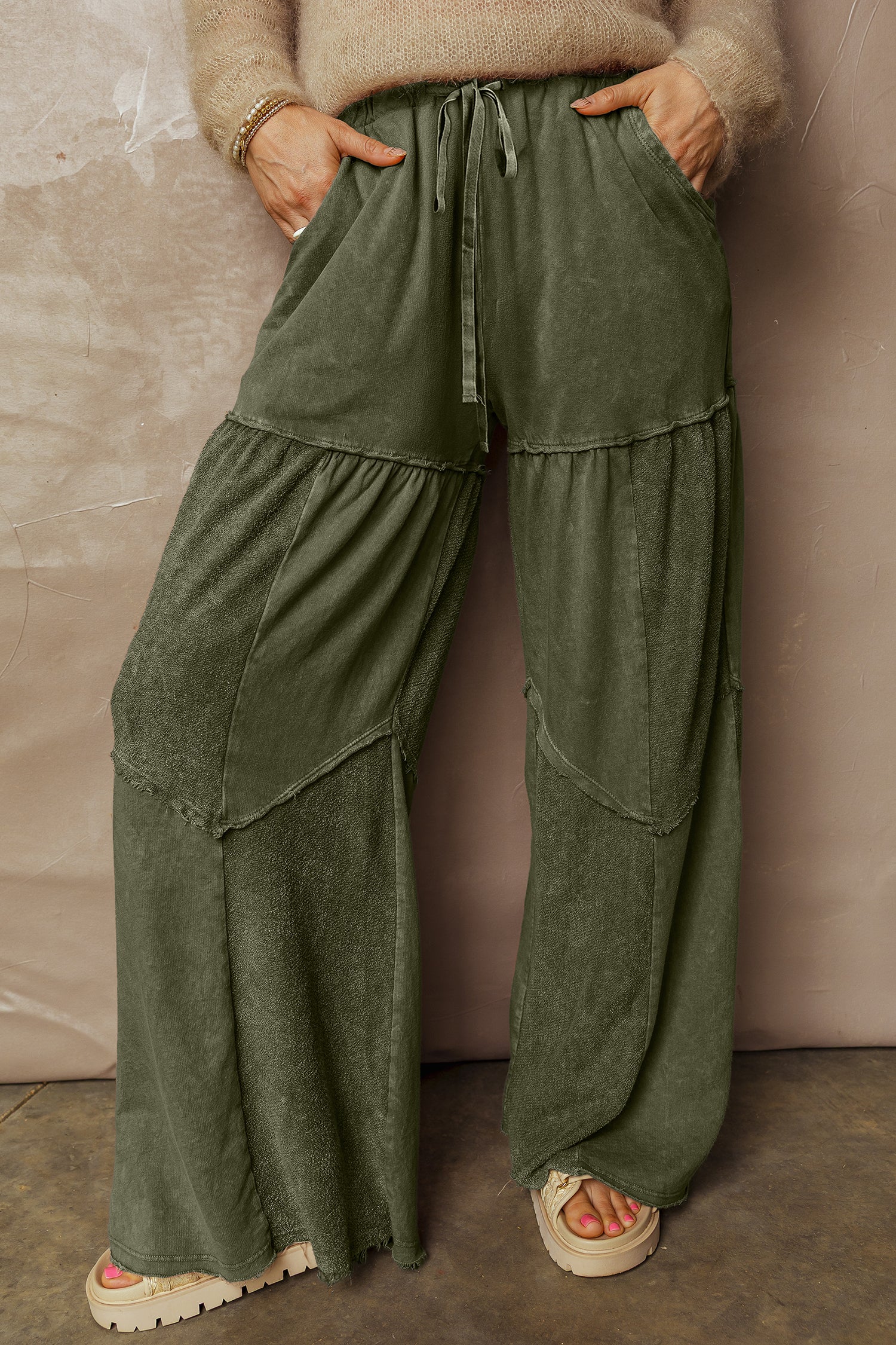 Vineyard Green Mineral Wash Tiered Wide Leg Patchwork Drawstring Pants 6b7f5a3678f2a7ac