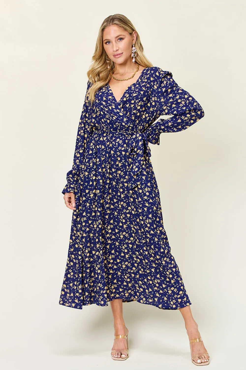 Double Take Full Size Tie Back Flounce Sleeve Dress Dark Blue 6b82f9e7-fd6f-4587-8c0a-723452ebf319-Max