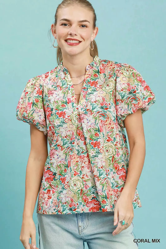 Floral Puff Sleeve Blouse CORAL MIX 6b8e0d9d-9c24-40ce-9a74-b7e9445872ee-Max-Origin