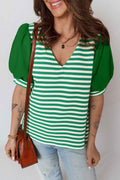 Green Stripe Puff Short Sleeve Patchwork V Neck Blouse Green Stripe 97%Polyester+3%Elastane 6b9067bed1e0278d