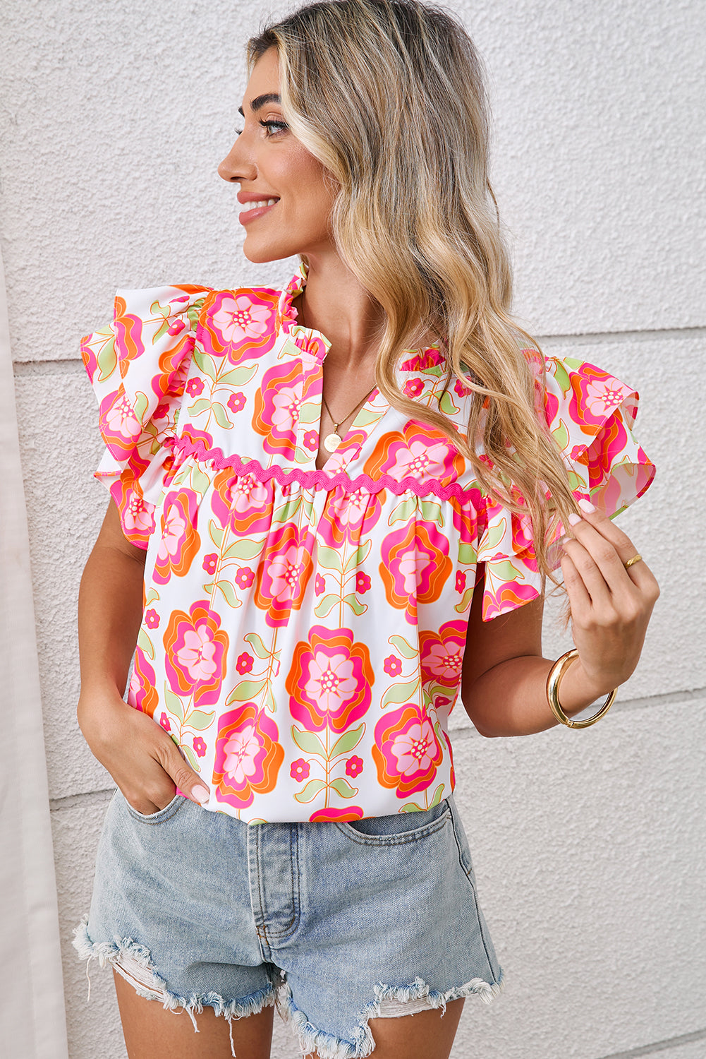 Rose Boho Floral Print Ricrac Ruffle Sleeve Blouse 6b91b2975fff1816