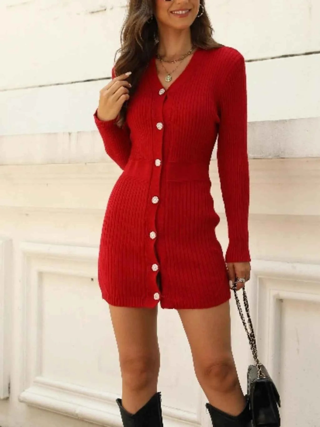 Ribbed Button-Front V-Neck Sweater Dress 6b91ba272ac246f0bf4a8b5bc3143616-Max-Origin