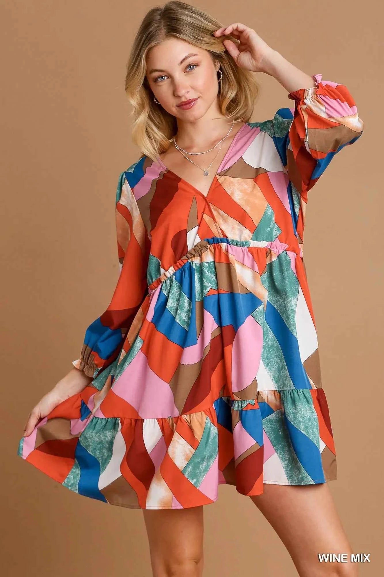Umgee Abstract V-Neck Tiered Printed Dress 6b96cb94-3351-4ebe-b55f-550e2418ac53-Max-Origin
